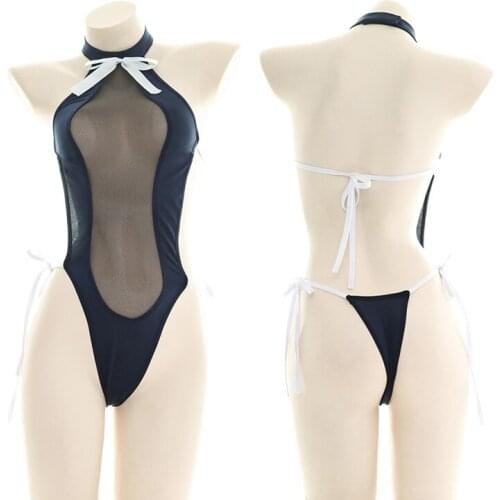Sexy Mesh Hollow Open Chest Blue Bodysuit Bandage Backless Erotic Costumes Japanese School Girl Role Play Sex Clothing