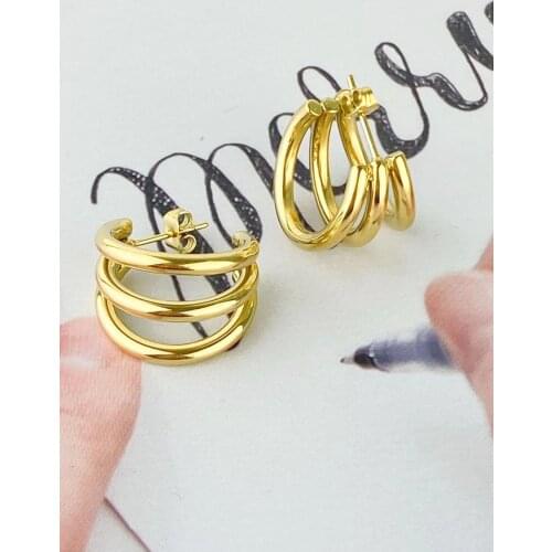 New French line three-line Bay curve small 14K Earring stainless Jewelry Stainless Steel Golden Color Luxe