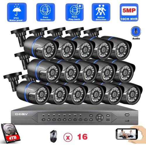 CHHSV 4K 16CH 5MP H.265+ System 16CH POE CCTV Security NVR Kit Outdoor Waterproof IP Camera 5MP Surveillance System With 4TB