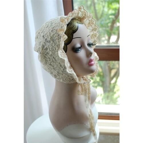 Beige Lace Lolita Bonnet Ruffled Hat Adjustable Medieval Vintage Maid Cosplay Women Girls Pumpkin Sweet Cap
