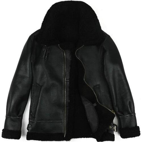 Fur one B3 Flight Suit Sheepskin Leather Coat Men Black Genuine Leather Sherling Jacket Real Leather Mens Clothing 5XL