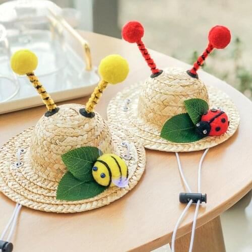 Pet straw hat bee ladybug insect hat summer cute decoration cats and dogs small and medium-sized dogs pet supplies photo props