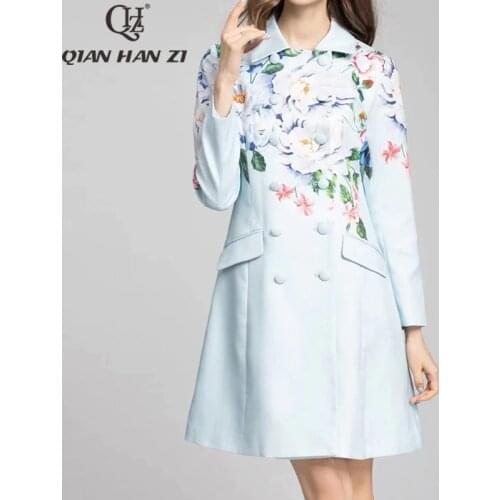 Qian Han Zi autumn designer fashion winter double-breasted trench long sleeves vintage print Casual Holiday trench coat Women