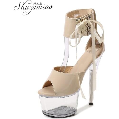 SHUZUMIAO Transparent Crystal Shoes Nightclub Car Super High Heels 16.5CM Stiletto Platform Sandals Cross Strap Shoes Strippers