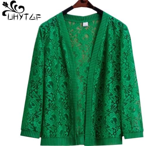 UHYTGF Women summer jacket fashion knitted cardigan elegant Female short coat shawl hollow wild loose thin 7XL plus size top 931