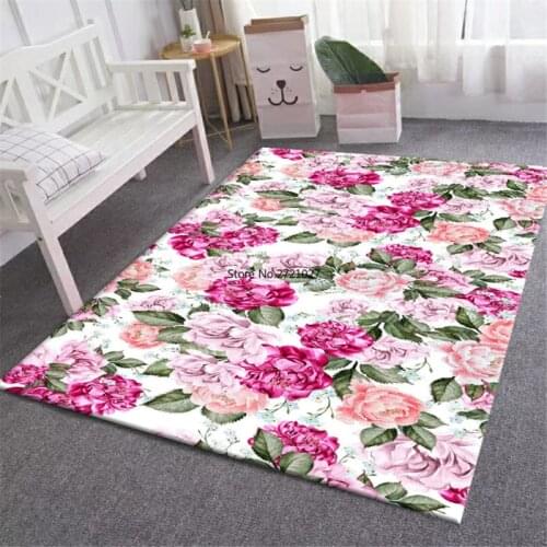 Fresh Pink Floral Carpet Bedroom Simple Plant Flower Printed Carpet Living Room Country Style Girl Room Floor Mat