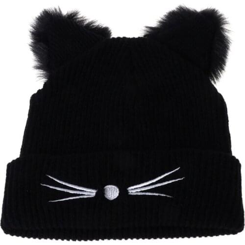 Cat Ears Women Hat Knitted Acrylic Warm Winter Beanie Crochet Fur