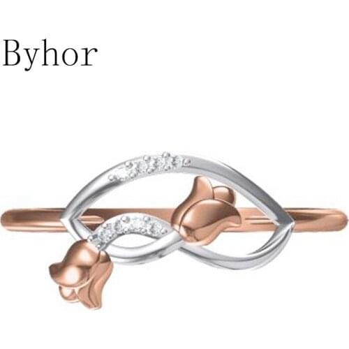 Byhor Solid 14K White+Rose Gold 0.032ct H/SI Natural Diamonds ring Women Flower Fine Jewelry Trendy Wedding Band кольцo кольцa