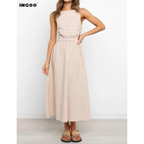 INGOO Sexy sleeveless Backless Draw back elasticated High Waist Maxi females Dresses Summer A Line Solid Casual Elegant Party