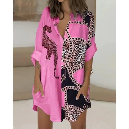 2021 Summer Casual Turn Down Collar Cute Animals Leopard Print Colorblock Buttoned Shirt Dress Womens Daily Wear Lounge Dresses