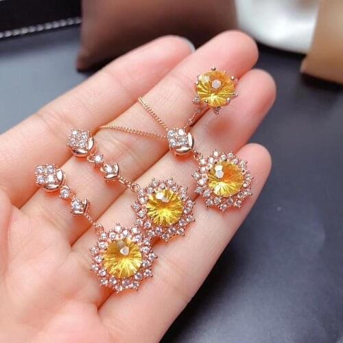 100% Real Natural Citrine Set Natural And Real Citrine Jewelry set 925 sterling silver 1pc Ring,1pc Pendant,2pcs Earring