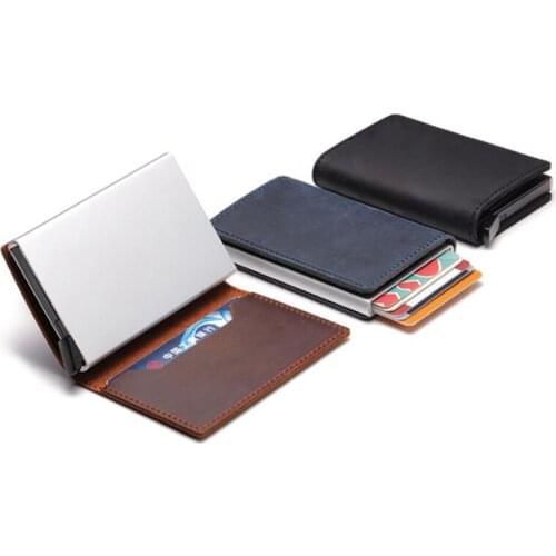 2020 Men Women Credit Card Holder RFID Aluminium Business Card Holders Crazy Horse Genuine cowhide Leather Travel Card Wallet