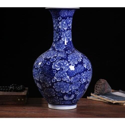 36CM Chinese Blue Peony Porcelain Underglaze Red Flower Vase Decoration Home Living Room Porch Crafts no base