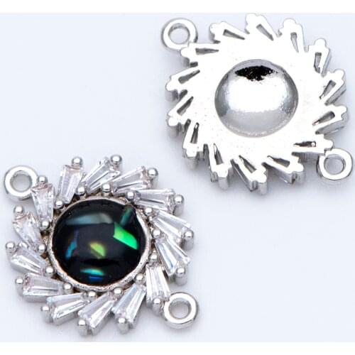 4pcs CZ Paved Silver Round Abalone shell Resin Connectors 19x14mm, Rhodium plated Brass Charm Pendants For Jewelry DIY (GB-1374)