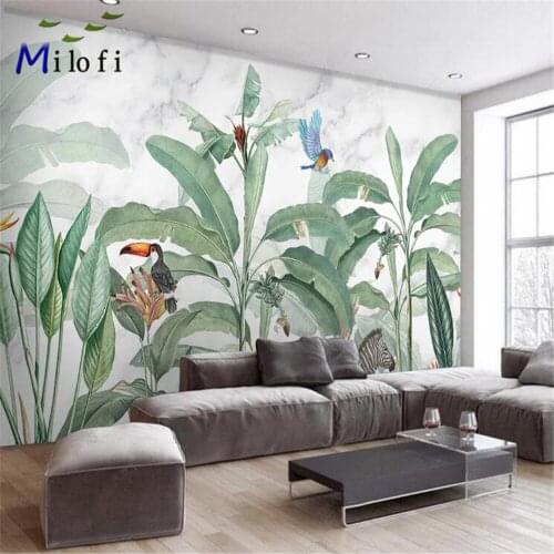 Milofi custom large 3D wallpaper mural Nordic hand-painted small fresh tropical plants leaves flowers and birds background wall