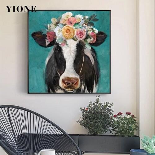 Farm Flower Cows Pig Art Oil Paintings Custom Abstract Cartoon Animals Wall Pictures for Living Room Canvas Posters and Prints