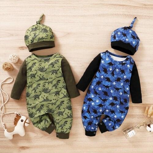 Infant Newborn Baby Romper and Hat Dinosaur Print Round Neck Long Sleeve Jumpsuit and Hat Spring Autumn Clothing Army Green/Blue