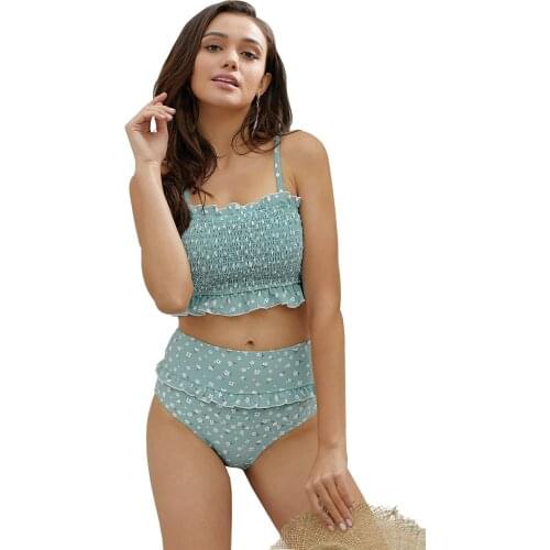 Sky Blue Floral Print Crop Top Bikini Set Women Sexy Adjustable Smocked Bikini Top Elastic High Waisted Swimsuit Bikini Sets