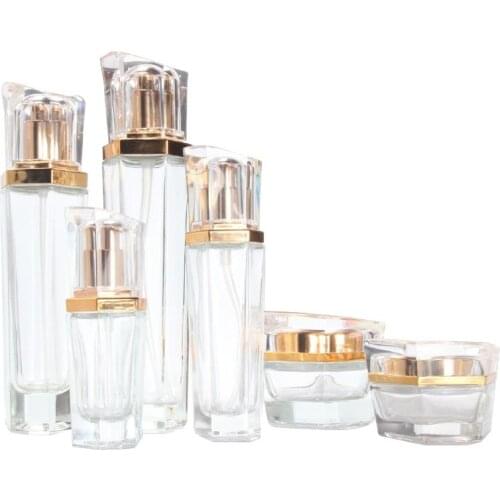 110ML 90ML 50ml 30ml Empty Hexagon Clear Glass Emulsion Packaging Bottle Gold Lotion Pump Acrylic Lid 20G 60G Cosmetic Cream Jar