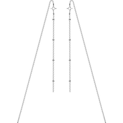 Real. 925 Sterling Silver jewelry The four stars &Beads Piercing Long Chain Earrings Pull Through C-G6405