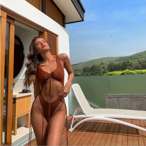 Sexy Womens Swimsuit Solid Color Backless Sleeveless Swimwear Classic V-neck Bare Midriff Bodysuit Bikini Summer bathing Suit