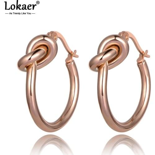 Lokaer Original Design Rose Gold Stainless Steel Knotted Hoop Earrings Trendy Bohemia Office Earrings For Women Girls E19282