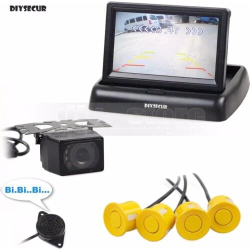 DIYSECUR 4.3Inch Foldable Rear View Car Monitor Kit + 4 Parking Radar + IR Night Vision Car Camera Video Parking Radar