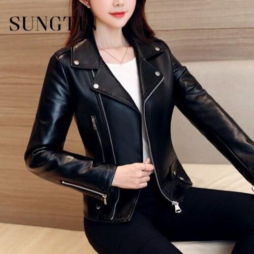 Sungtin 2021 New Vintage PU Leather Jackets Women Fashion Lapel Motorcycle Faux Leather Jacket Female Korea High Street Outwear