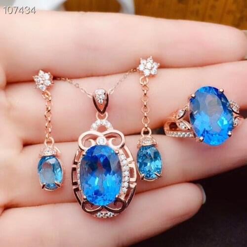 Topaz Set 925 Sterling Silver Real and Natural Topaz Set 1pc Ring,2pcs Earring,1pc Pendant Party Jewelry Wholesale