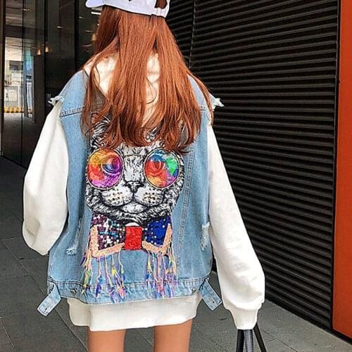 Streetwear Womens Spring Autumn Sequins Cartoon Appliques Beaded Sleeveless Denim Womens Vest Outerwear Young Girl Vests SY029