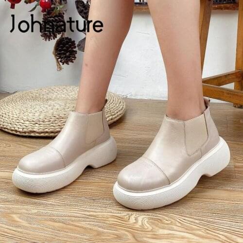 Johnature Genuine Leather Shoes Women Boots Elastic Band Round Toe 2021 New Leisure Handmade Sewing Concise Platform Boots