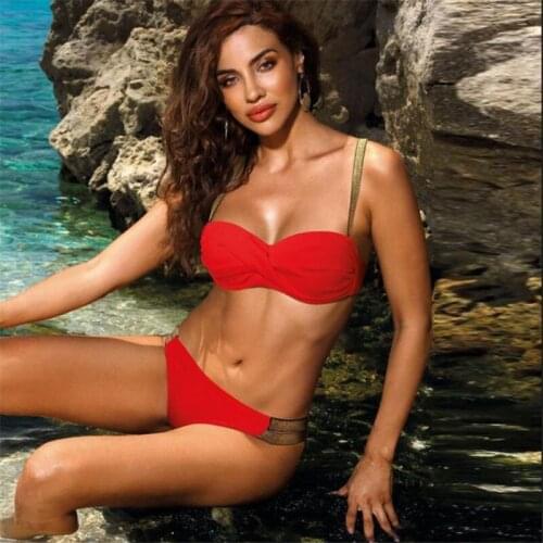 Trikinis Woman 2021 2Pcs Women Summer Bikini Splicing Elastic Straps Padded Tops Low-Waist Briefs Swimsuit for Girls 4 Colors