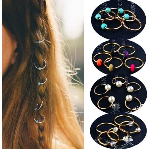 5pcs/set Natural Stone Pine Colorful Wooden Pearl Hair Accessories Hair Ring Hip-hop Hair Accessories Braid Braided Hair Tools