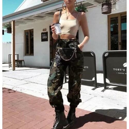 New high waist cargo pants women camouflage sweatpants joggers chain camo pants girls cargo trousers with chain streetwear