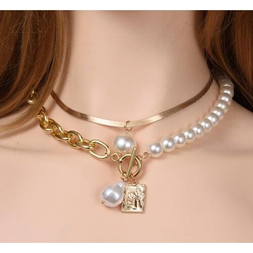 Fashion Layered Baroque Imitation Pearl Snake Chain Choker Necklaces for Women Geometric Angle Pendant Necklaces Collar Jewelry