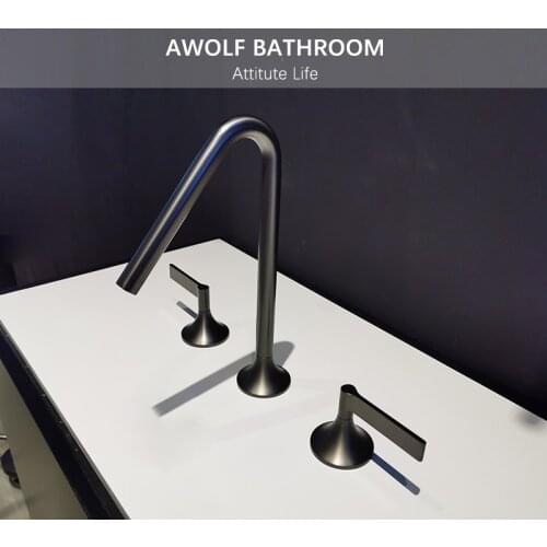 Designer Basin Faucet Grey Solid Brass Luxury Dual Handle Brushed Gold Hot And Cold Mixer Water Tap For Bathroom Sinks ML8100