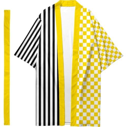 Checkerboard Striped Printed Long Kimono Cardigan With Belt Japanese Traditional Couple Women Men Casual Asian Clothes Harajuku