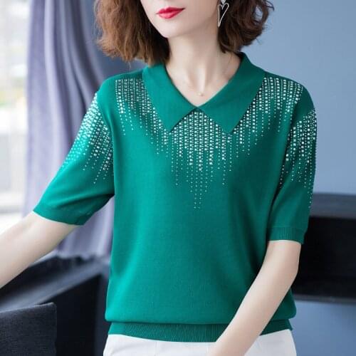 Summer Womens sweaters Summer tops Lapel Short sleeve Jumper Sweater 2021 New Thin Stripe Casual Knitted Pullover