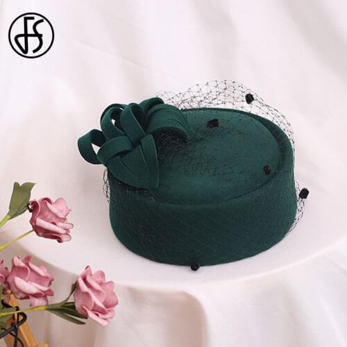 FS Vintage White Flower Veil Fascinator Hat Women Black Wool Felt Pillbox Hats Bridal Wedding Party Fedora Stewardess Church Hat