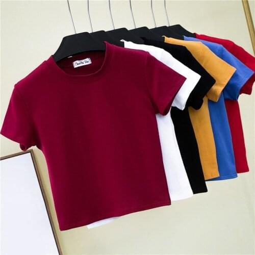 Crop Top T-Shirt Female Solid Cotton O-Neck Short Sleeve T-shirts for Women High Waist Slim Short Sport Blanc Femme T-Shirt