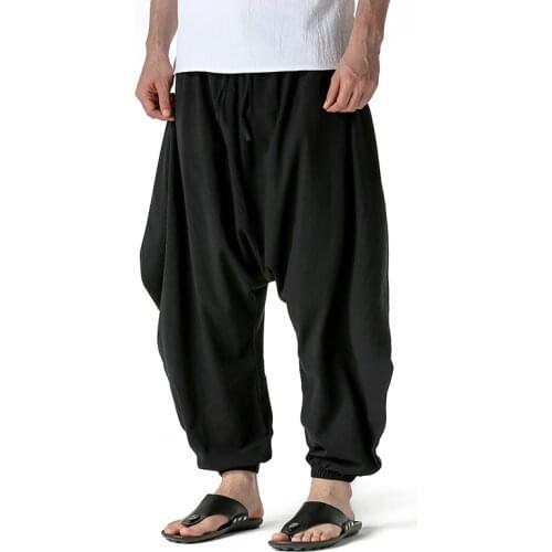 LUCLESAM Men Casual Cotton Linen Baggy Pants Mens Hip Pop Loose Harem Trousers Japanese Joggers Sweatpants pantalones hombre