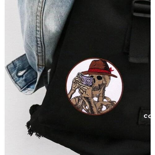 Fashion Skull Taking Photos Iron on Patches Embroidery for Clothes DIY Cool Punk Badge Biker Jackets Bag Hats Applique