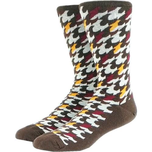 Men Happy Funny Brown Houndstooth Long Socks
