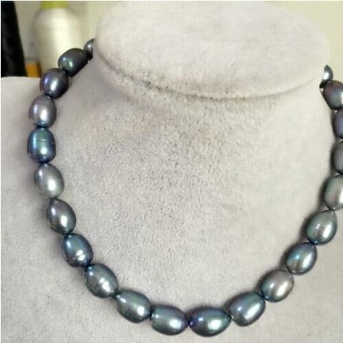 Huge 10-11mm tahitian black green baroque pearl necklace18"