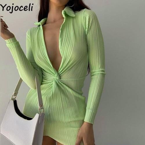 Yojoceli Sexy knot short club women dress Elegant autumn bodycon green dress Casual cool black mini dress vestidos
