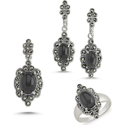Silver 925 Sterling Marcasite Pendant Earring & Ring Set