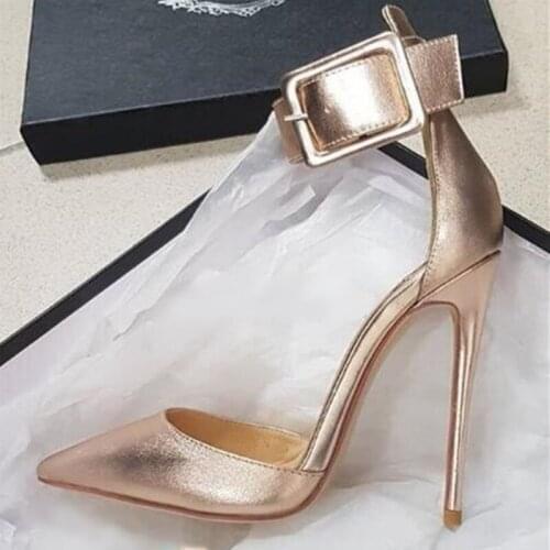 Stylish Gold Leather Buckle Strap Pumps Pointed Toe Stiletto Heel Dress Shoes Cut-out Ankle Strap Banquet Party Shoes Size 10