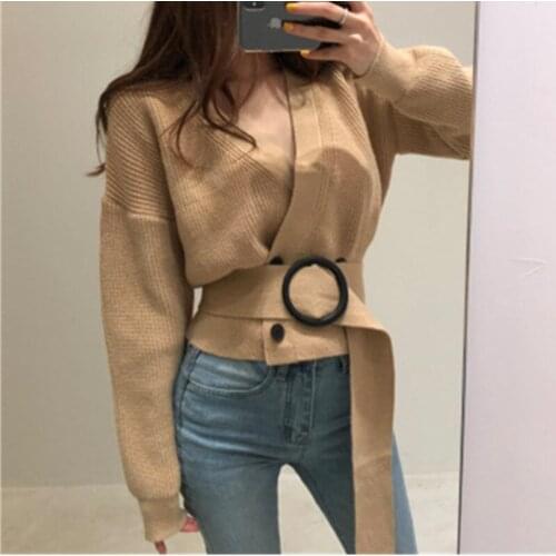 Double-breasted Knitted Short Sweater Women 2020 Spring Autumn New Long Sleeve Solid Color Thin V-Neck With Waist Belt Top Lady
