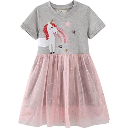 Princess Party Tutu Dresses With Beading Unicorn Cute Baby Mesh Clothes Short Sleeve Kids Frocks Toddler Dress
