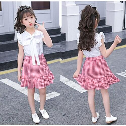 2020 Spring summer Kids Baby Girl Clothes Bowknot short Sleeve White T-Shirt Tops+Pink Plaid A-line Skirt Dress Outfit 2pcs Set